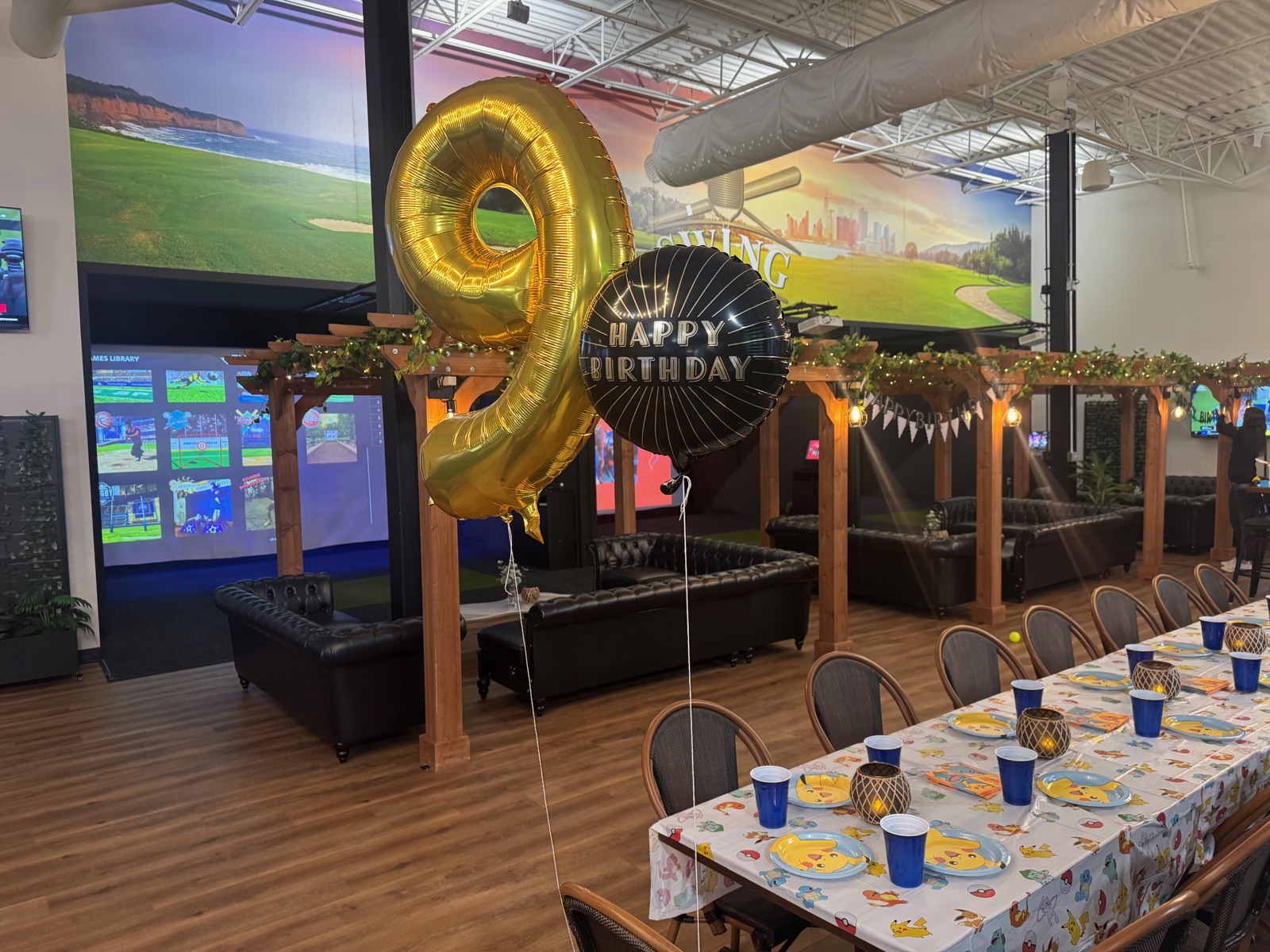 Birthday balloons and party setup at SWING Middletown